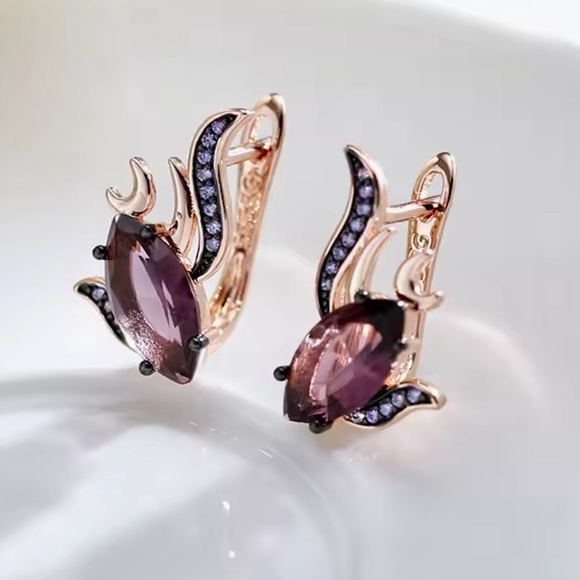 Unique Rose Gold 585RG Purple Natural Gem Zircon Fish Design Earrings - Picture 5 of 9